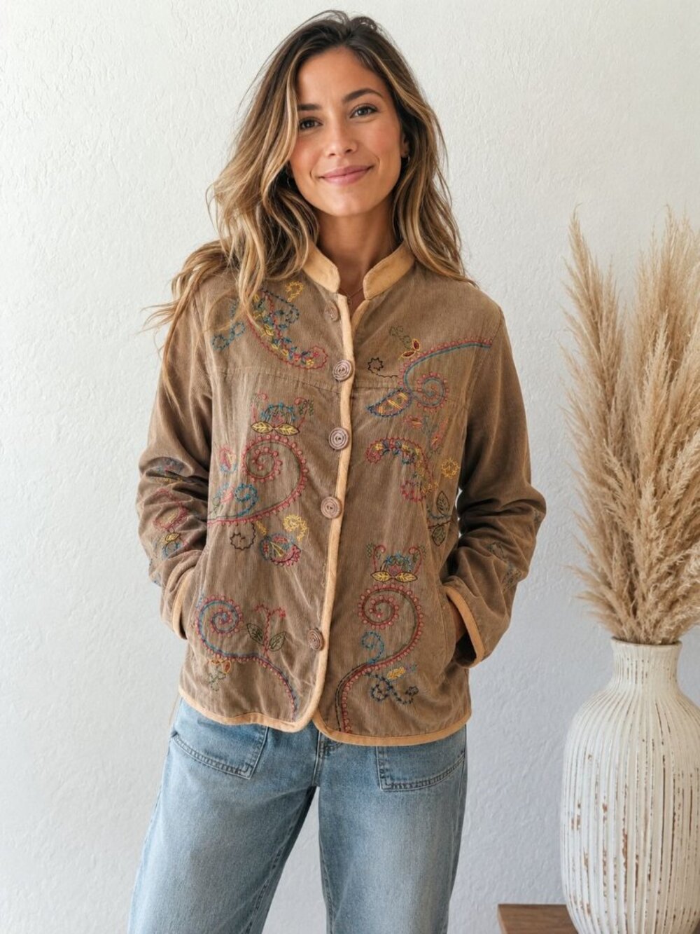 White Stag jacket colorful embroidered paisley patterns brown corduroy Size S